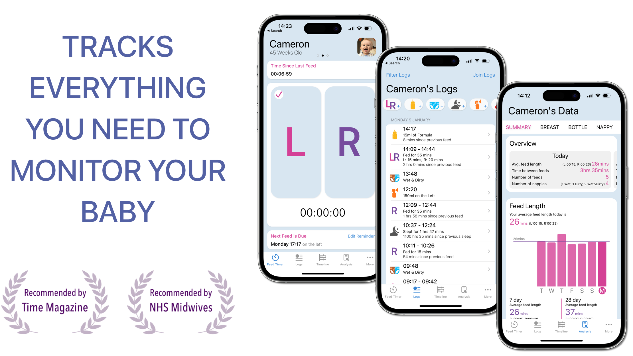 Collection of Baby Feed Timer example screens